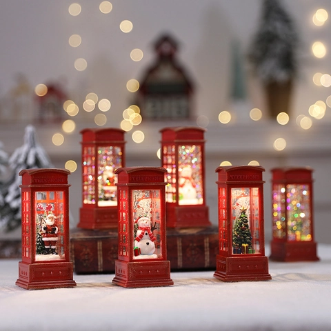 Christmas LED Telephone Booth Lantern Glitter Snow Globe Santa Snowman Desktop Decor Vintage Holiday Light Ornament
