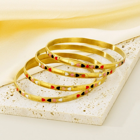 18K Gold Plated Stainless Steel Heart Enamel Bangle Bracelet For Women Multilayer Polished Rhinestone Fashion Jewelry