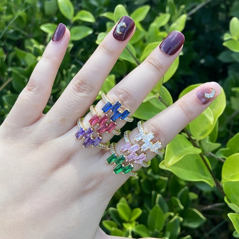 Anello Aperto In Rame Regolabile Con Zircone Rettangolare Irregolare Micro Pavé Oro 18K Gioielli Moda Per Donne