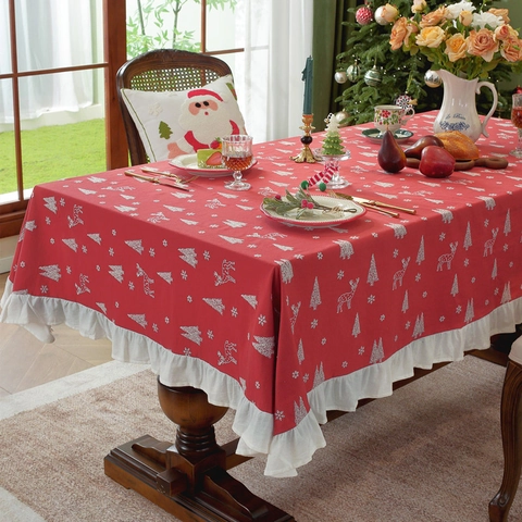 Christmas Embroidered Cotton Tablecloth Festive Rectangular Dining Table Cover With Ruffles And Fringes Reindeer Wreath Pattern