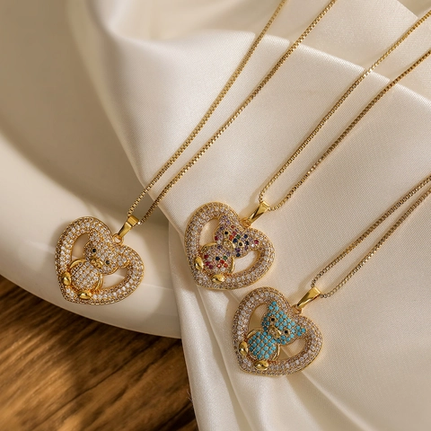 Collana Con Ciondolo A Cuore Orsetto Rame Placcato Oro 18K Zircone Moda Gioielli Carini Per Donna