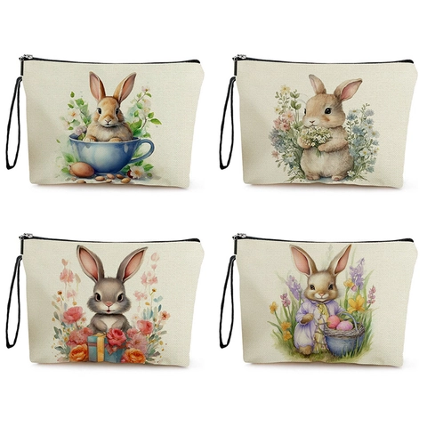 Cosmetic Bag Linen Easter Rabbit Print Toiletry Pouch With Zipper And Hand Strap Multi Functional Makeup Storage Case
