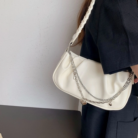 Borsa A Spalla Sottobraccio Pieghettata Donna Pelle PU Tracolla Intrecciata Catena In Metallo Argentato Ciondolo Cuore Chic