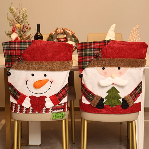 Christmas Chair Covers Plush Fabric Non-Woven Santa Snowman Reindeer Pattern Plaid Sequined Home Party Festive Decoration