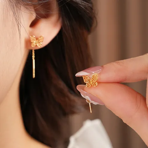 Butterfly Threader Earrings Copper Gold Plated Hollow Long Chain Tassel Vintage Fashion Jewelry With Steel Earring Post