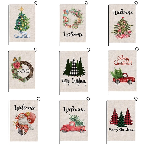 Weihnachts Gartenfahne Leinen Doppelseitig Aquarell Weihnachtsmann LKW Winter Draußen Hof Deko