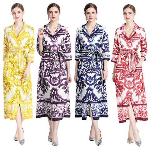 Women Maxi Shirt Dress Polyester Baroque Floral Print Lapel Collar Single Breasted Belted Elegant Casual Long Dress