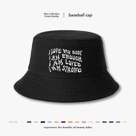 Cotton Bucket Hat With Embroidery I Love My Body I Am Enough Lettering Wide Brim Sun Protection Casual Fashion