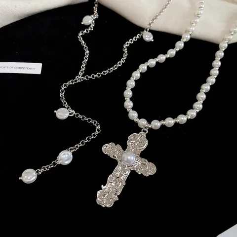 Collar De Doble Capa Con Colgante De Cruz Barroca Perla Artificial De Vidrio Estilo Gótico Retro Cadena De Clavícula Para Mujer Elegante