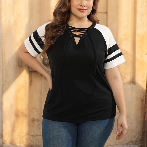 Plus Size T-Shirt Women V Neck Crisscross Lace Up Color Block Striped Raglan Short Sleeve Polyester Rayon Casual Top
