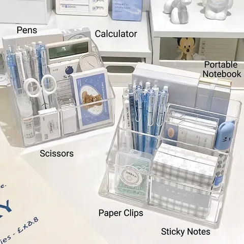 Transparent Acrylic Pen Holder Desktop Organizer Multi Compartment Storage Box For Office Stationery High Capacity