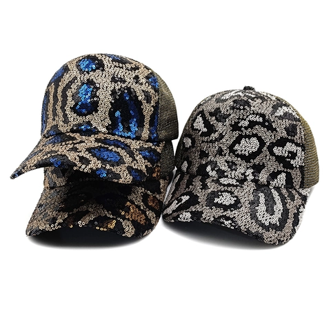 Sequin Leopard Print Baseball Cap Adjustable Breathable Mesh Trucker Hat For Women Fashion Shiny Sunshade Headwear