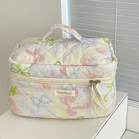 Cosmetic Bag Quilted Cotton Bow Floral Portable Travel Makeup Organizer Storage Pouch Handbag Contrast Color For Women