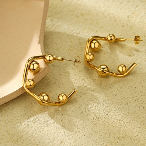 Pendientes de Aro Geométricos en Forma de C de Acero Inoxidable Con Bolas Baño de Oro 18K Plata Mujer