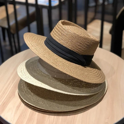 Cappello Di Paglia Donna Stile Francese Corona Piatta Tesa Larga Protezione Solare Vacanze Elegante Nastro