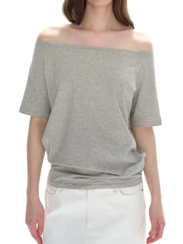 Women Off Shoulder T-Shirt Cotton Spandex Blend Loose Fit Short Sleeve Boat Neck Solid Color Minimalist Casual Chic Top