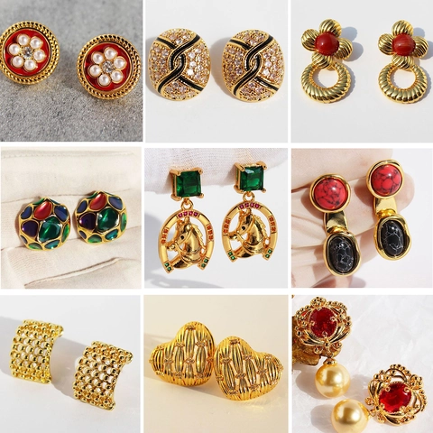 Vintage Brass Gold Plated Enamel Earrings With Zirconia Artificial Pearl 925 Sterling Silver Post French Retro Heart Flower Earring Jewelry For Women