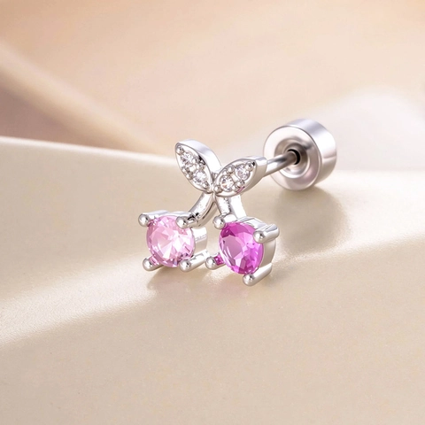 Cherry Shaped Zircon Ear Cartilage Stud Earrings Metal Screw Back Piercing Jewelry For Women Sweet Cute Style