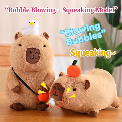 Capybara Plush Toy Soft Stuffed Animal With Bird And Orange Bag Squeaky Interactive Bubble Blowing Doll Gift For Kids