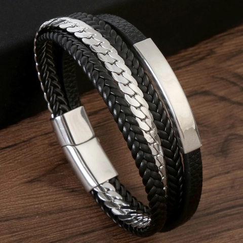 Bracciale Multistrato In Pelle Intrecciata Da Uomo Con Catena In Acciaio Inossidabile E Piastra Metallica Chiusura Magnetica