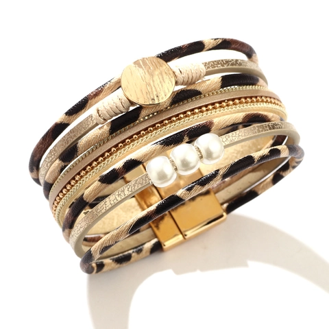 Multi-layer Bracelet With Leopard Print PU Leather Faux Artificial Pearls And Alloy Magnetic Buckle Fashion Bohemian Jewelry For Women