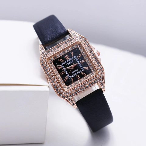Elegante Orologio Al Quarzo Da Donna Cassa Quadrata Con Strass Cinturino In Pelle PU Numeri Arabi Orologio Da Polso Analogico