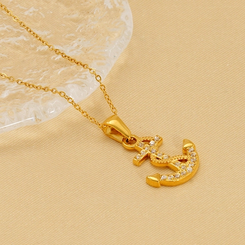Collana Con Ciondolo Ancora Nautica Placcata Oro 18K Acciaio Inossidabile Zircone Timone Croce Gioielli Per Donna