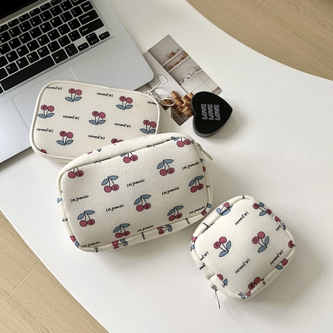 Make-Up Tas Met Kersensprint En Paspoorthouder Toilettas Reisorganisator Canvas Polyester Met Rits Bloemen Voor Dames