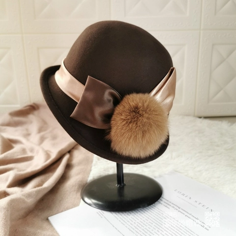 Cappello Fedora Vintage da Donna in Lana Con Fiocco e Palla di Pelo Invernale Elegante Tinta Unita Cloche in Feltro