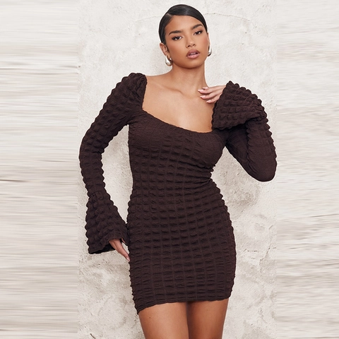 Sexy Square Neck Long Flare Sleeve Mini Dress For Women Solid Color Popcorn Texture Hollow Out Slim Fit Streetwear Party Brown