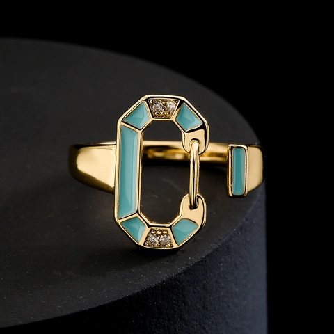 Enamel Geometric Open Ring Vintage Bohemian D-Shape Copper 18K Gold Plated Micro Zircon Adjustable Jewelry For Women