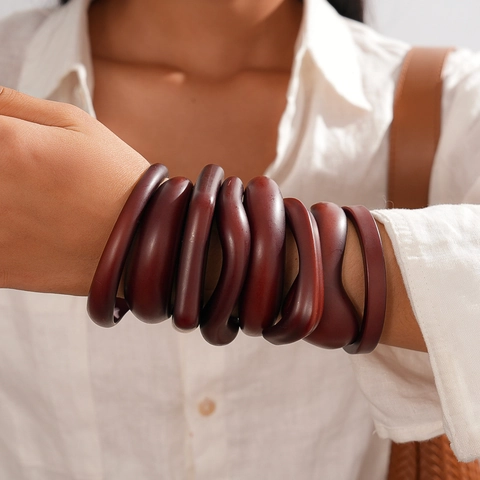 Vintage Acrylic Irregular Geometric Open Bangle Minimalist Wood Like Resin Bracelet Jewelry For Women