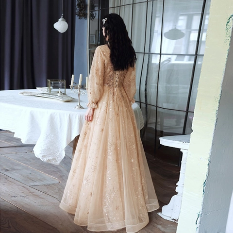 Champagne Long Evening Gown Mesh Sequin Star Moon Pattern High Neck Puff Sleeve Party Wedding Banquet Dress For Women