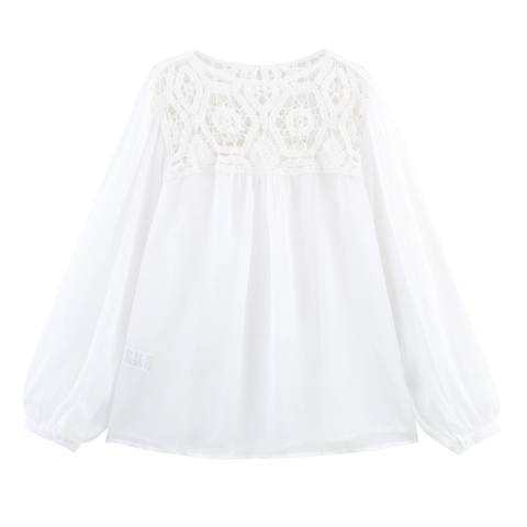 Französischer Stil Ausgehöhlte Häkelspitze Chiffon Bluse Lange Laternenärmel Lose Rundhals Elegantes Oberteil Für Damen