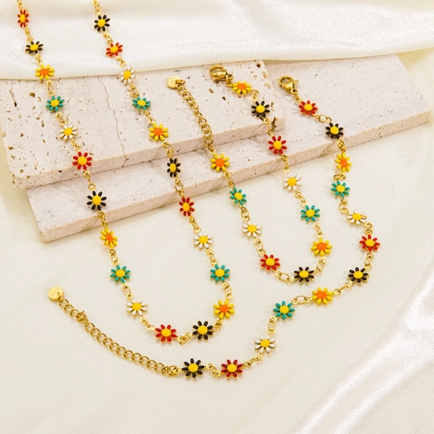 Daisy Flower Jewelry Stainless Steel Colorful Enamel Necklace Bracelet Anklet Sweet Fresh Style Accessories For Women