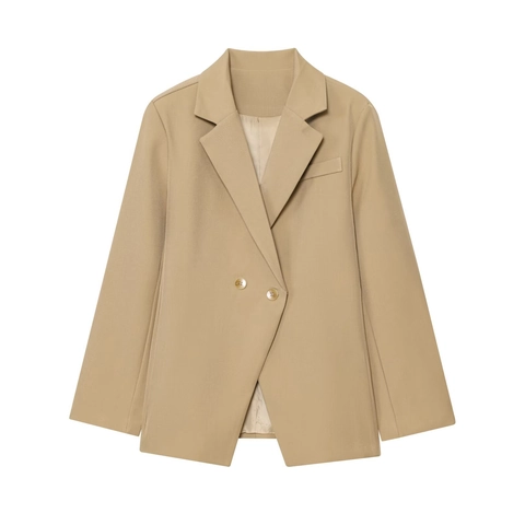 Dames Oversized Blazer Jas Double Breasted Inkeping Revers Lange Mouwen Geweven Twill Kantoor Werk Streetwear Khaki