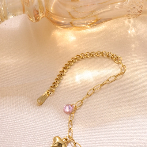 Bracciale in Acciaio Inossidabile Placcato Oro 18K Stile Francese con Ciondolo a Cuore e Zirconia Rosa Gioielli da Donna