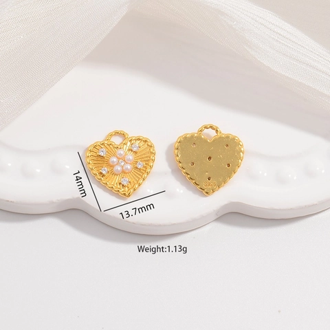Elegante Ciondolo Solo in Argento Sterling 925 a Cuore Con Perla Artificiale e Strass Design Retrò a Fiore Placcato Oro