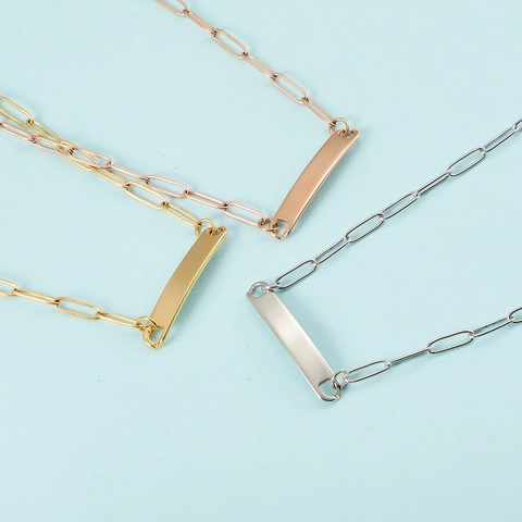 Minimalist 304 Stainless Steel Paperclip Chain Necklace With Polished Curved Rectangle Bar Pendant 18K Gold Plated