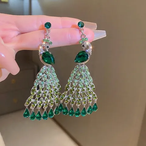 Pfau Tassel Ohrringe Legierung Kristall Mit 925 Sterling Silber Ohrstecker Vintage Smaragdgrün Accessoires Damen
