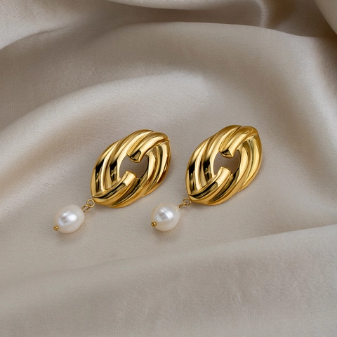 Orecchini a Goccia Ovali Torsadati in Acciaio Inossidabile Vintage Con Perla d'Acqua Dolce Placcato Oro Reale Gioielli Donna