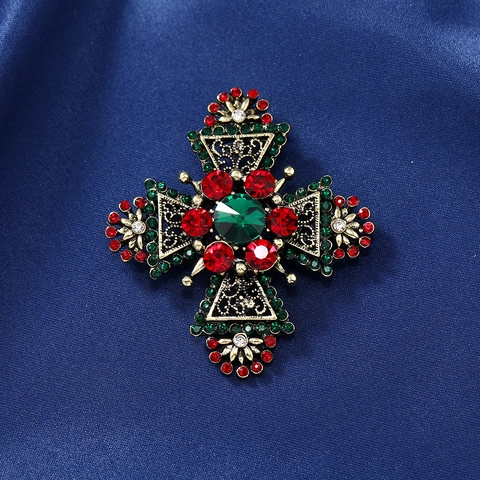 Spilla a Croce in Lega Vintage con Strass per Uomo Donna Accessori per Abiti Stile Barocco Oro Rosso Verde Gioielli Spille