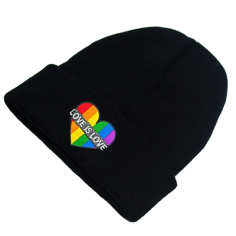 Unisex Polyacryl Strickmütze Warme Wintermütze Mit Regenbogen Herz Love Is Love Stickerei Schwarz Beanie Für Pride Month