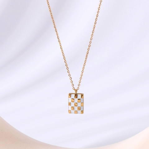 Checkerboard Pendant Necklace Titanium Steel 18K Gold Plated Zircon Inlaid Rectangular Ins Style Trendy For Women