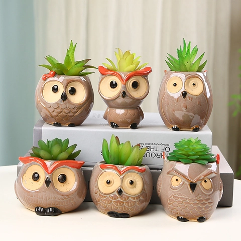 Cute Owl Ceramic Flower Pot Glazed Succulent Planter With Drainage Hole Desktop Office Home Decor Rural Style