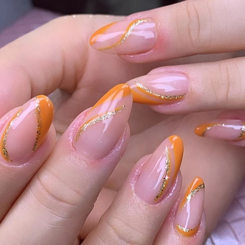 Almond Press On Nails French Nude Pink Orange Wave Lines Gold Glitter Plastic Fake Nails For Women