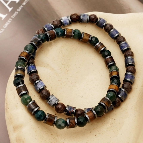 Natural Stone Beaded Bracelet Tiger Eye Hematite Stainless Steel Spacers Elastic Handmade Jewelry Retro Fashion Men