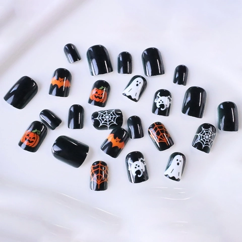 Halloween Press On Nails Short Square Glossy ABS Black Pumpkin Ghost Bat Spider Web Pattern Novelty