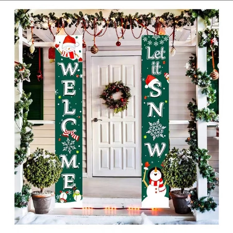Kerst Porch Banners Decoratieve Polyester Stof Outdoor Hangende Vlaggen Vakantie Voordeur Welkomstbord Sneeuwpop Patroon