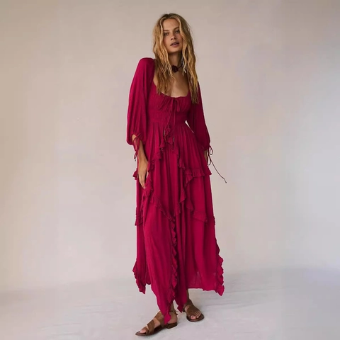 Maxi Dress Bohemian Ruffle Long Sleeve Tiered Split Textured Polyester High Waist For Women